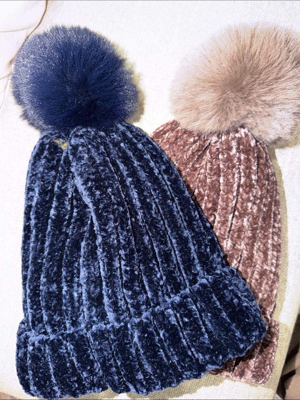 Pom Beanie Hat - Navy and Taupe